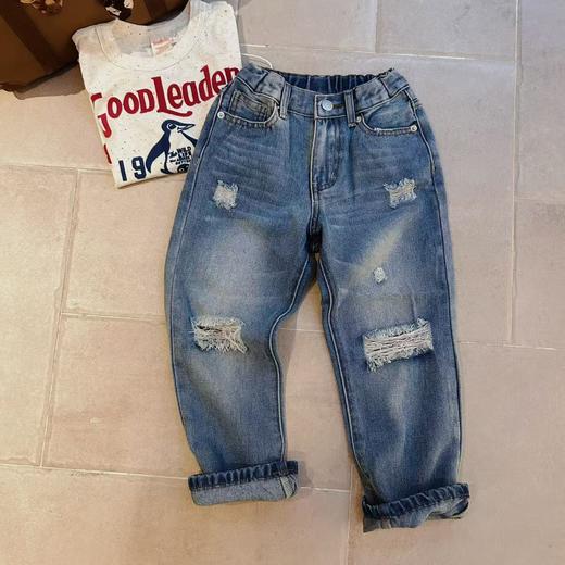 2025春夏款中大童好版型水洗颜色很经典破洞直筒薄软牛仔长裤！ 商品图1
