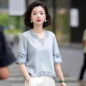 西子/氧气少女亚麻兰精天丝V领立体裁剪H型绣花T恤/SYBH1724