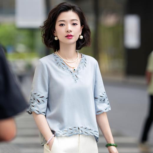 西子/氧气少女亚麻兰精天丝V领立体裁剪H型绣花T恤/SYBH1724 商品图0