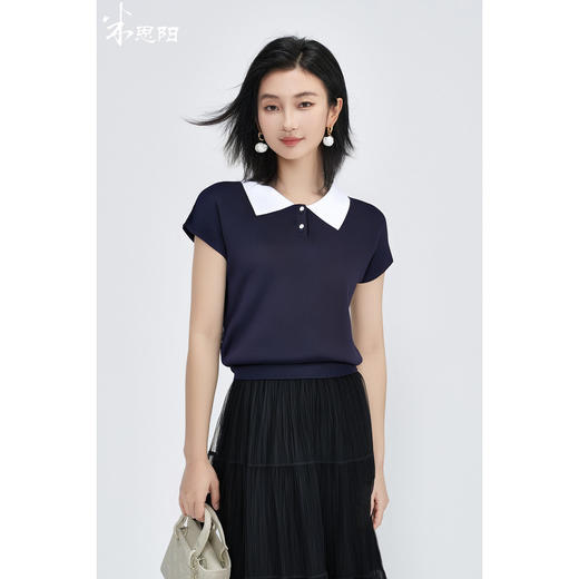 米思阳2025夏季新款休闲减龄针织衫娃娃领半袖弹力百搭针织T恤女2313 商品图0