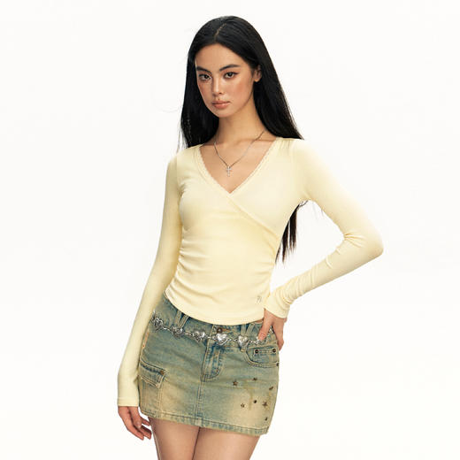 Ariseism美式复古纯色蕾丝V领长袖t恤女2025春秋新款修身显瘦上衣 商品图1