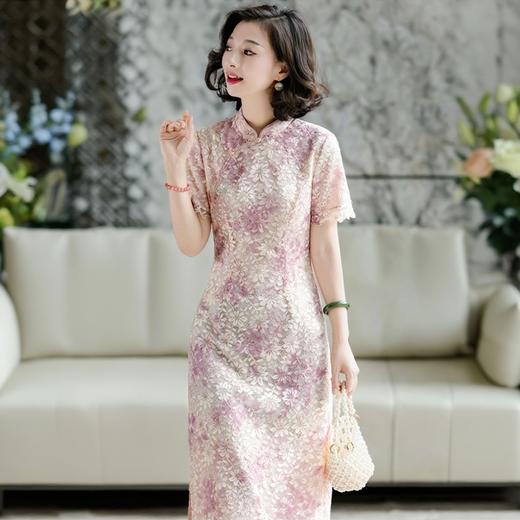 西子/【倾城之恋】新中式金葱蕾丝印花立领盘扣斜襟收腰显瘦减龄粉色旗袍/QPTJ144 商品图2