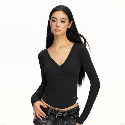 Ariseism美式复古纯色蕾丝V领长袖t恤女2025春秋新款修身显瘦上衣 商品图2