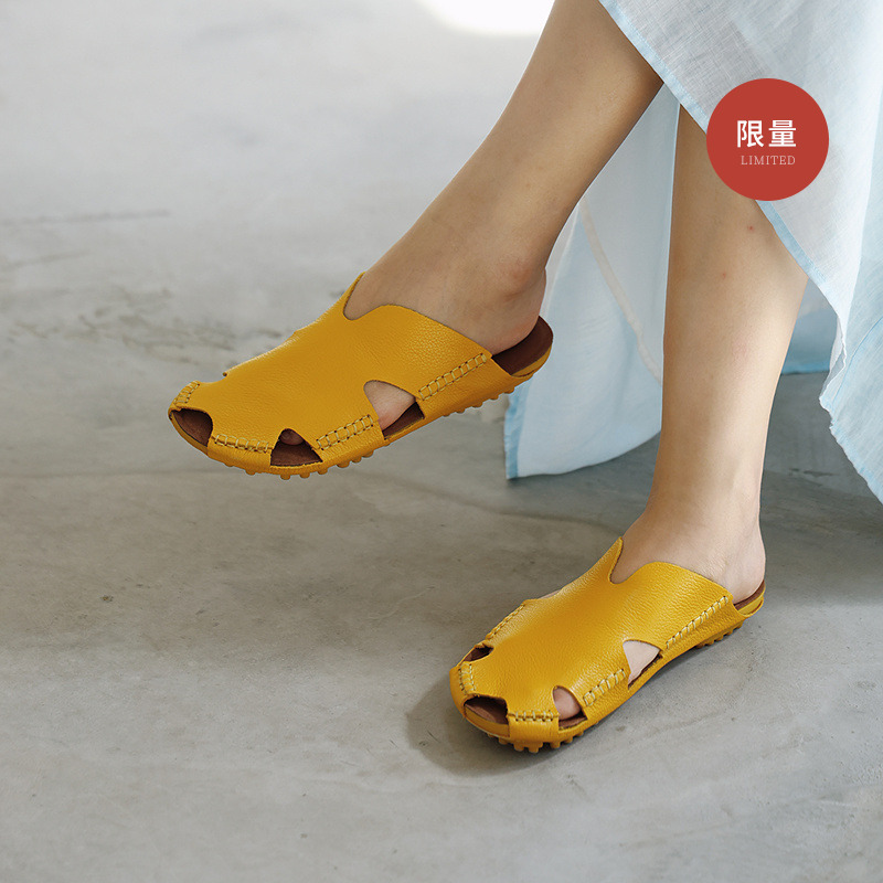 绽放女装268朵/限量复活款·文艺多色真皮豆豆底休闲平跟拖鞋女款