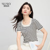 【周末秒杀】熙世界法式航海条纹T恤短袖女2025夏季新款小个子显瘦撞色U领上衣 商品缩略图0