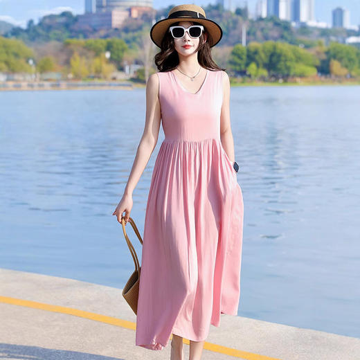 2025新款夏装收腰显瘦高支棉绸连衣裙气质妈妈度假风海边沙滩裙 商品图1