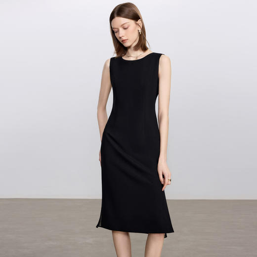 IWY/黑色无袖连衣裙女气质收腰干练职场正装通勤圆领长裙工作服Q1435 商品图1