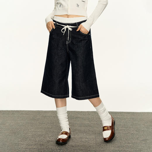 Ariseism 复古设计感阔腿7分牛仔裤女春季水洗做旧直筒牛仔中裤 商品图1