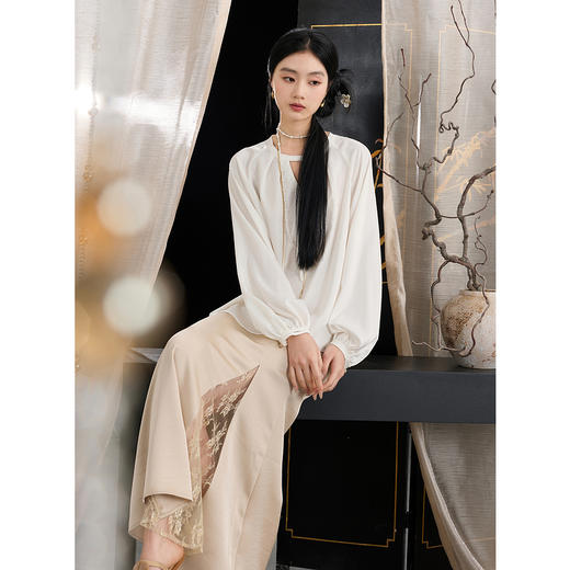 三彩【风清月白】2025秋季新款缎面提花小衫插肩袖宽松上衣中式C 商品图1