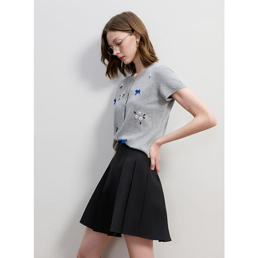 三彩2025秋季新款勾花针织衫圆领短袖毛衫开衫短款M 商品图2