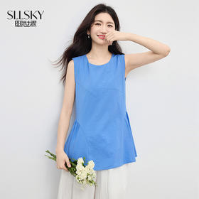 【07/09新品】熙世界克莱因蓝无袖衬衫女夏季2025新款通勤休闲圆领坎肩背心上衣