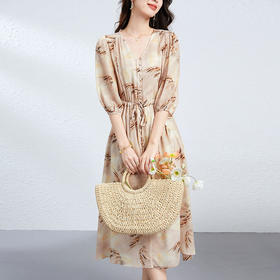 「高货kbnq」全新升级【铂金会员514/天猫689/差价175】(05210)洛诗琳真丝印花连衣裙2025夏季新款系带修身长款真丝裙