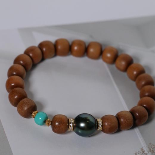 【甄珠贝】时髦方老山檀 8*9mm ji光 大溪地黑珍珠10-11mm 有暇 手串 绿松间隔 男女同款 925纯银配件 商品图1