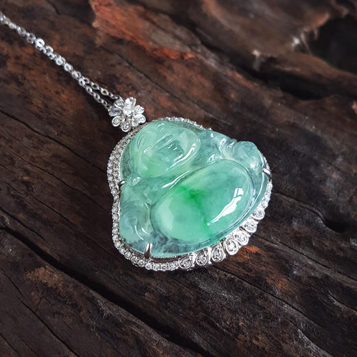 【天然正品】A货翡翠AU750白金豪镶钻镶天然细腻冰种飘阳绿佛公翡翠吊坠项链31.2*27.0*9.7MM（皆取最大值）女士现售价：6880！180625NJ06 商品图2