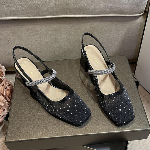 333-29 银色网纱镶钻波点包头玛丽珍鞋女外穿方头凉鞋粗跟一字带 商品图4