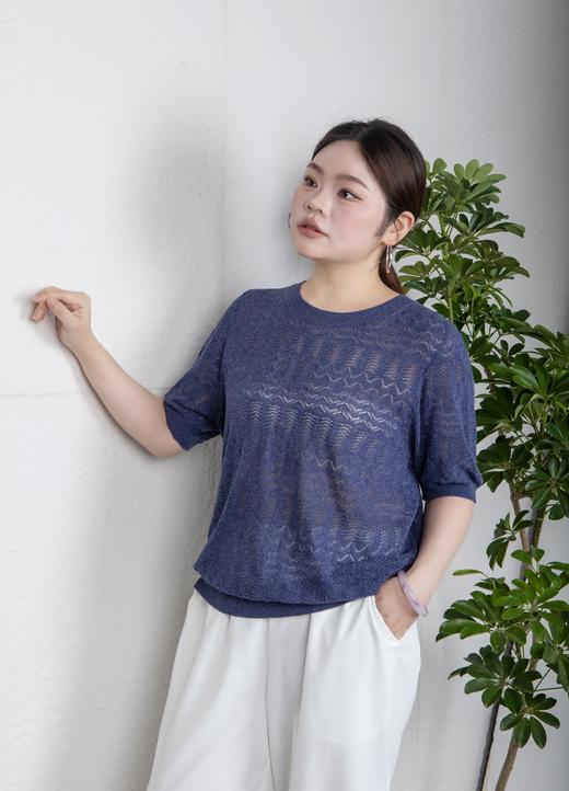 ✨【现货 48小时内发货】不缩水不闷汗，亚麻莱赛尔腈纶面料，正码正拍，经典合身版，细腻镂空肌理，💙清爽蓝色系，打造松弛感！简约圆领镂空肌理短袖针织衫上衣 商品图9