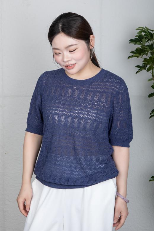 ✨【现货 48小时内发货】不缩水不闷汗，亚麻莱赛尔腈纶面料，正码正拍，经典合身版，细腻镂空肌理，💙清爽蓝色系，打造松弛感！简约圆领镂空肌理短袖针织衫上衣 商品图7