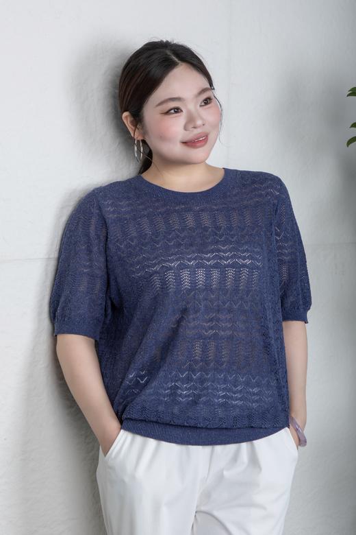 ✨【现货 48小时内发货】不缩水不闷汗，亚麻莱赛尔腈纶面料，正码正拍，经典合身版，细腻镂空肌理，💙清爽蓝色系，打造松弛感！简约圆领镂空肌理短袖针织衫上衣 商品图2