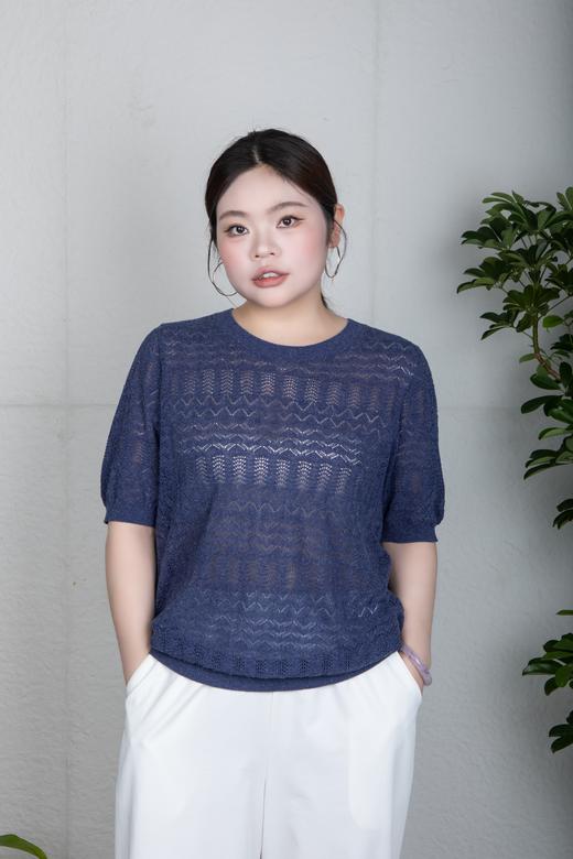 ✨【现货 48小时内发货】不缩水不闷汗，亚麻莱赛尔腈纶面料，正码正拍，经典合身版，细腻镂空肌理，💙清爽蓝色系，打造松弛感！简约圆领镂空肌理短袖针织衫上衣 商品图8