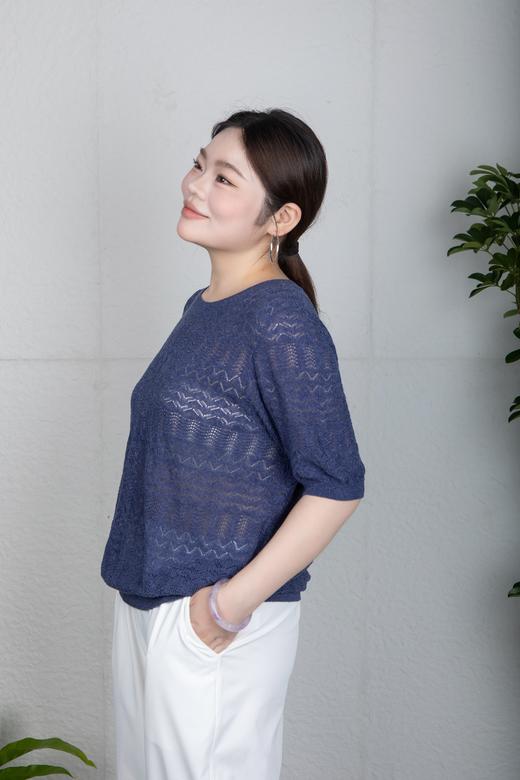 ✨【现货 48小时内发货】不缩水不闷汗，亚麻莱赛尔腈纶面料，正码正拍，经典合身版，细腻镂空肌理，💙清爽蓝色系，打造松弛感！简约圆领镂空肌理短袖针织衫上衣 商品图6