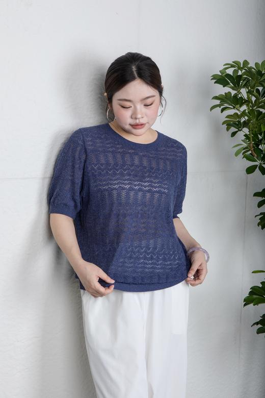 ✨【现货 48小时内发货】不缩水不闷汗，亚麻莱赛尔腈纶面料，正码正拍，经典合身版，细腻镂空肌理，💙清爽蓝色系，打造松弛感！简约圆领镂空肌理短袖针织衫上衣 商品图11