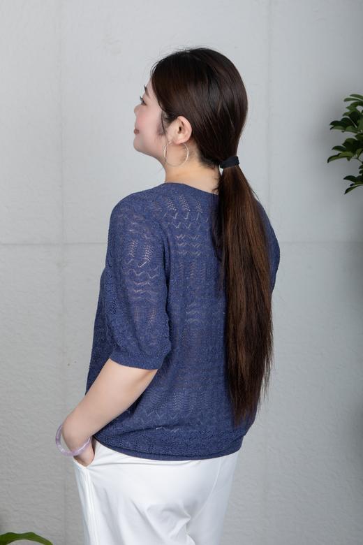 ✨【现货 48小时内发货】不缩水不闷汗，亚麻莱赛尔腈纶面料，正码正拍，经典合身版，细腻镂空肌理，💙清爽蓝色系，打造松弛感！简约圆领镂空肌理短袖针织衫上衣 商品图5