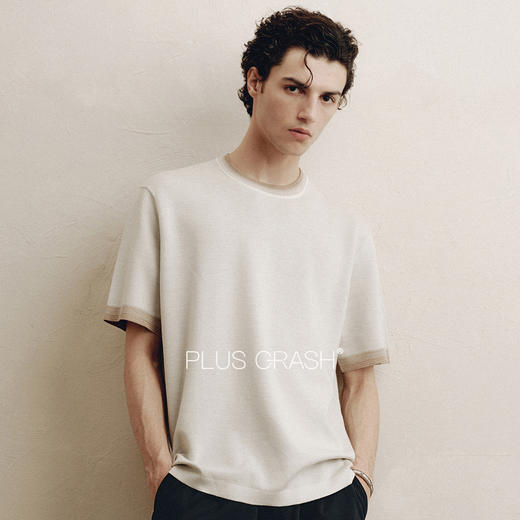 PLUS CRASH夏季老钱风拼色新触感绵羊毛花纱质轻盈软糯透气短T恤 商品图2