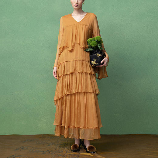 【林栖设计小店】桑蚕丝连衣裙层次感2025秋季新款蛋糕长裙女1953085 商品图0