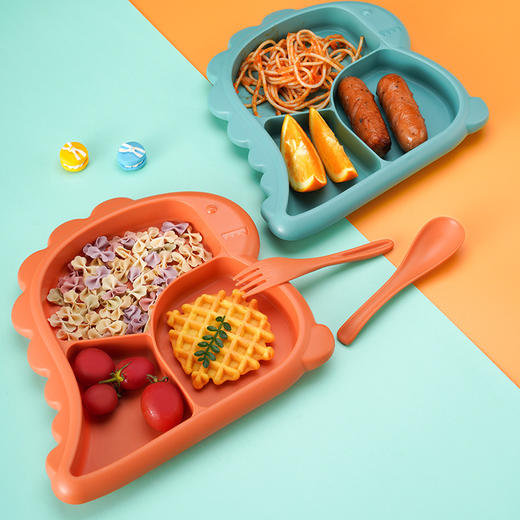 【营养搭配均衡，分格设计美食不串味~】婴幼儿三格分隔盘分格餐盘  卡通恐龙餐盘 儿童餐具饭碗组合套装-QQ 商品图1