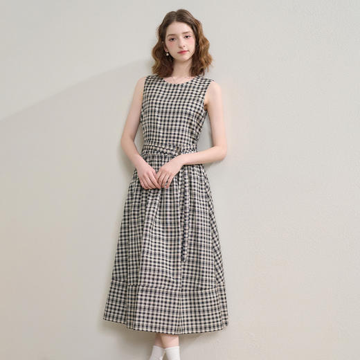 黑白格纹无袖圆领背心裙女夏季收腰大裙摆显瘦气质连衣裙V1350849 商品图2