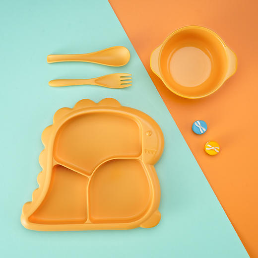 【营养搭配均衡，分格设计美食不串味~】婴幼儿三格分隔盘分格餐盘  卡通恐龙餐盘 儿童餐具饭碗组合套装-QQ 商品图4