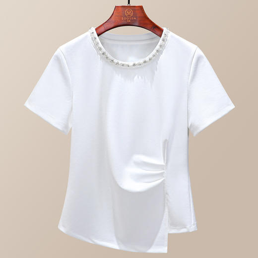 「自」全新升级【铂金会员109/天猫149/差价40】(74018)洛诗琳设计感压褶T恤2025夏季新款钉珠不规则下摆短袖上衣女 商品图2