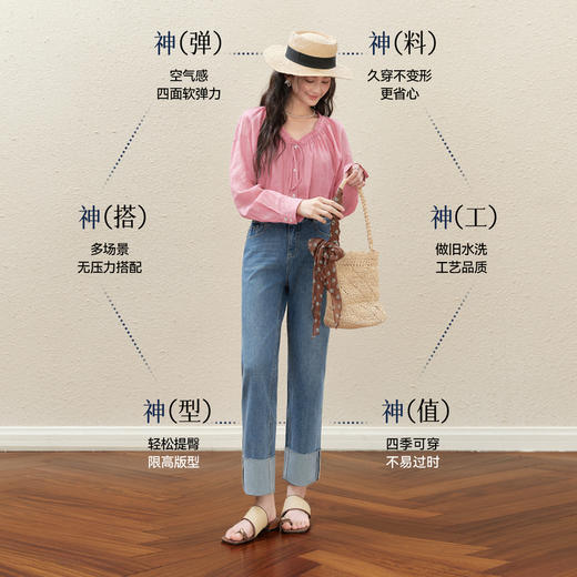 【严选】【四面弹】诗凡黎九分翻边直筒牛仔裤2025秋新款高腰窄版薄烟管裤7G6450781 商品图2