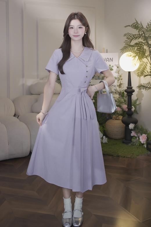 鹿向南「紫陌轻织」紫色法式连衣裙女夏季新款短袖气质收腰长裙子 商品图4