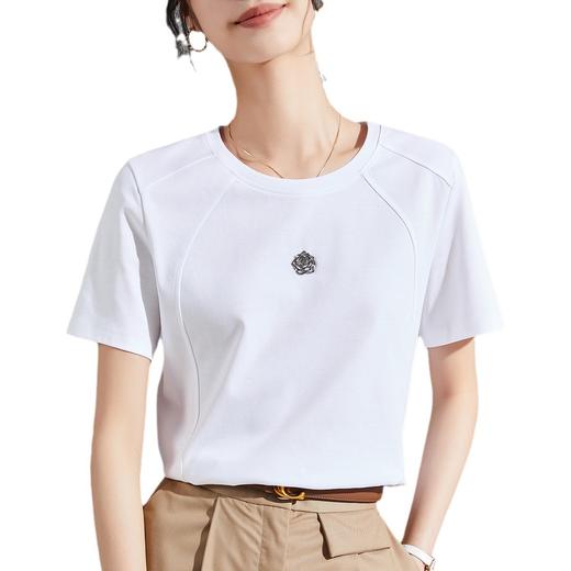 「自」全新升级【铂金会员109/天猫149/差价40】(74948)洛诗琳夏季丝光棉t恤2025夏季正肩夏圆领山茶花短袖上衣女 商品图4