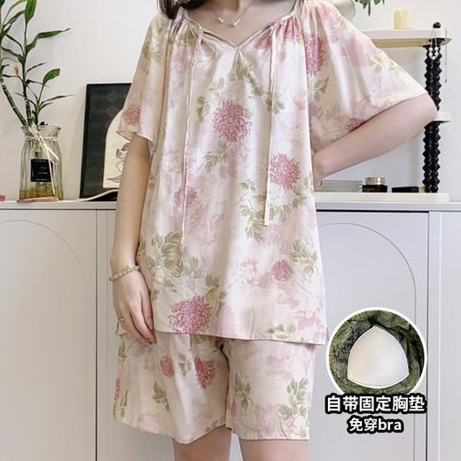 棉绸 夏季女士宽松带胸垫固定杯防尴尬短袖短裤家居服睡衣套装0214 商品图1
