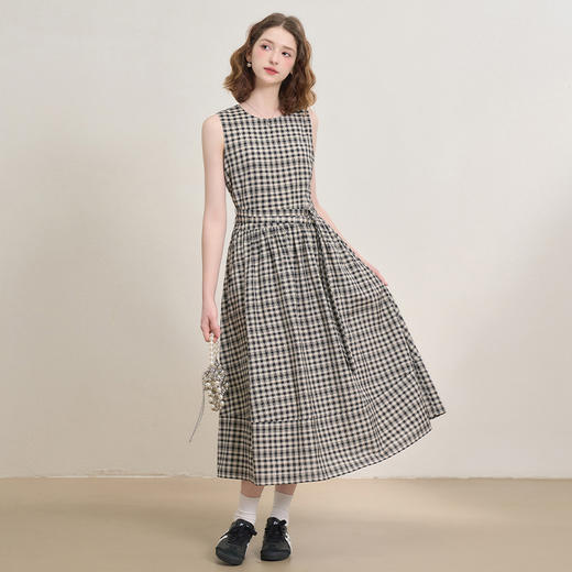 黑白格纹无袖圆领背心裙女夏季收腰大裙摆显瘦气质连衣裙V1350849 商品图1