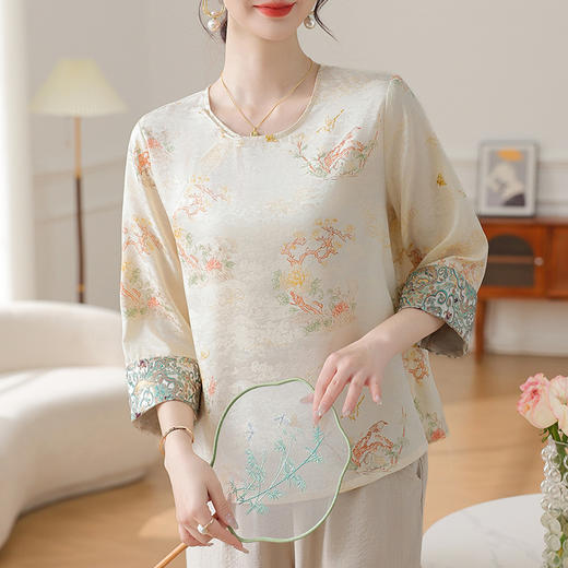 W590-SR331-75-128妈妈夏装雪纺印花中袖上衣中老年女2025新款时尚圆领T恤气质小衫 商品图1