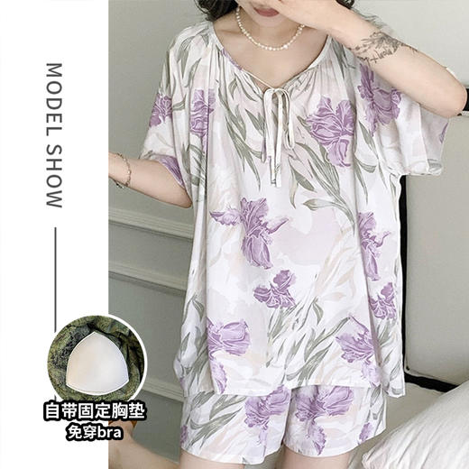 棉绸 夏季女士宽松带胸垫固定杯防尴尬短袖短裤家居服睡衣套装0214 商品图4