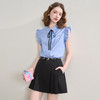 甜美学院风套装女夏季条纹飞飞袖衬衫A字百褶裙两件套V2551116 商品缩略图2