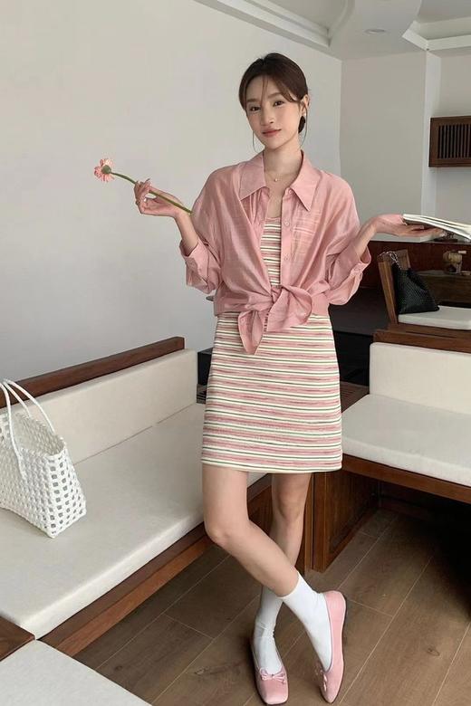 SUMMER & SAGE 粉色条纹吊带防晒套装 20908 商品图0