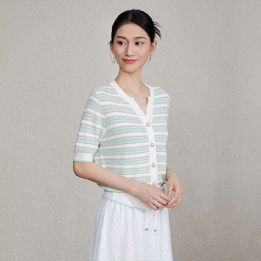 「自」全新升级【铂金会员275/天猫369/差价94】(80940)洛诗琳夏季新款V领撞色通勤百搭气质条纹镂空针织开衫女 商品图2