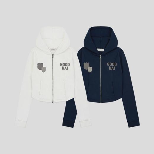 GOODBAI 粗体logo徽章剪影贴布绣连帽紧身短款拉链长袖卫衣 商品图1