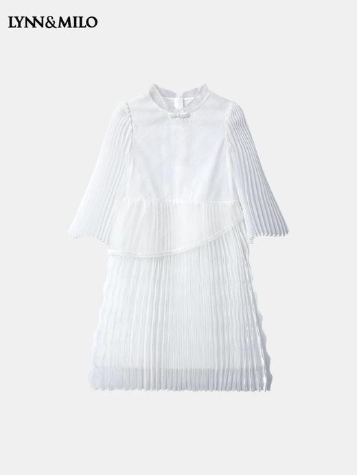 【暑期福袋任选3件799】8楼LYNN&MILO琳麦罗白色菱格植绒闪光缎压褶中式连衣裙 商品图4