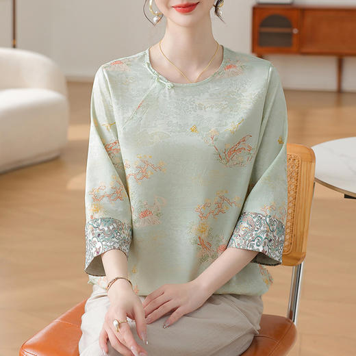 W590-SR331-75-128妈妈夏装雪纺印花中袖上衣中老年女2025新款时尚圆领T恤气质小衫 商品图0