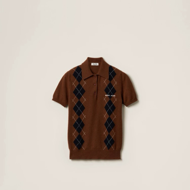 MIU-S 棕色菱格羊绒Polo.