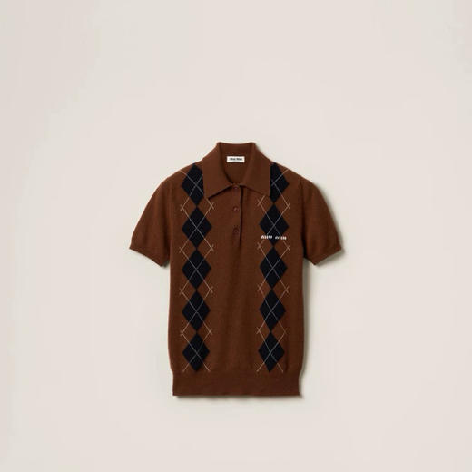 MIU-S 棕色菱格羊绒Polo. 商品图0