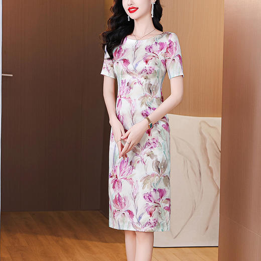 AHM qwfs7731时尚印花圆领连衣裙气质优雅短袖修身裙 商品图1