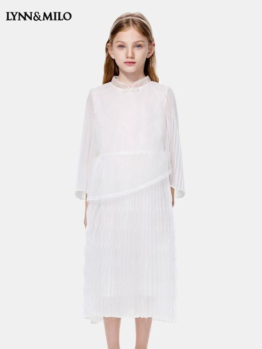 【暑期福袋任选3件799】8楼LYNN&MILO琳麦罗白色菱格植绒闪光缎压褶中式连衣裙 商品图0