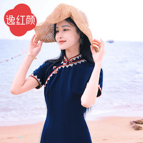 逸红颜梓霖2026夏新款老上海风情良友画报同款复刻蓝布改良旗袍女